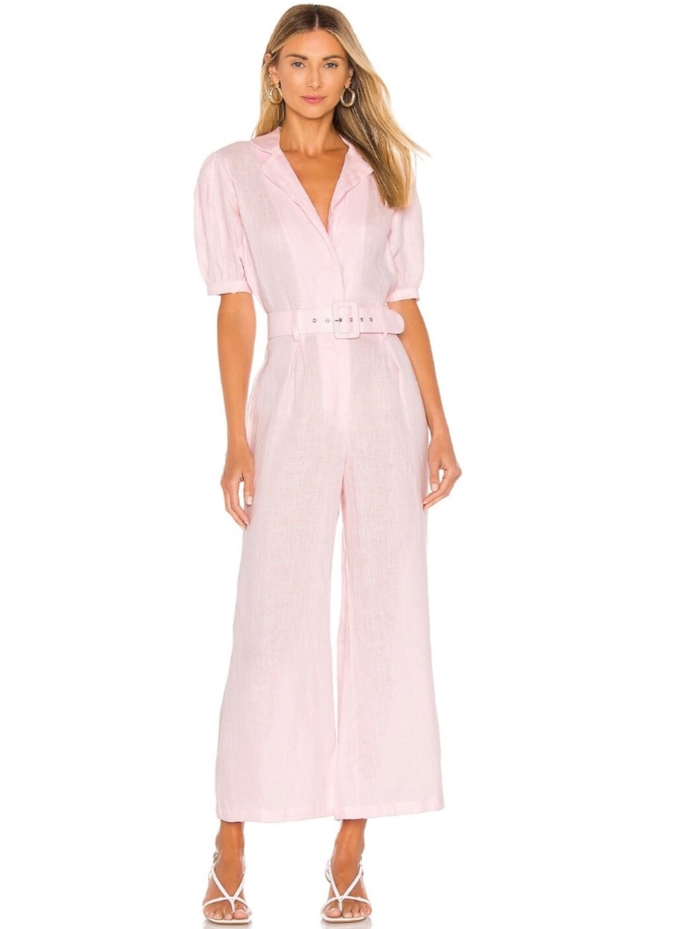 ★NWOT Org.$269 FAITHFULL THE BRAND Frederikke Belted Pink Linen Jumpsuit US4★